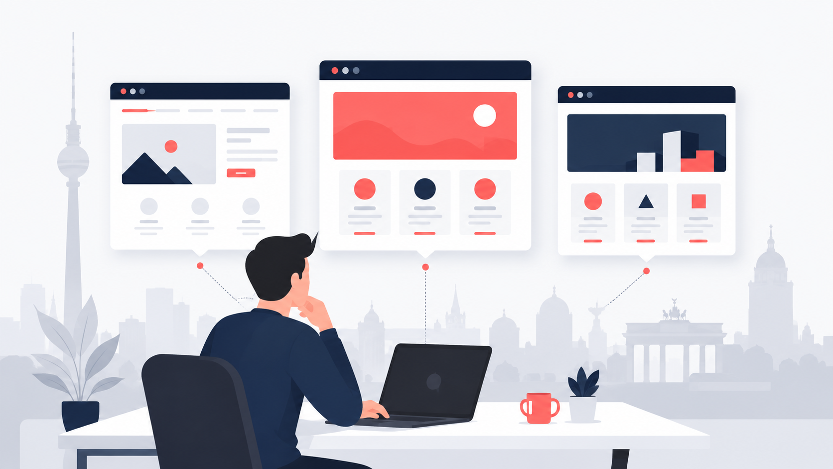 Vergleich von Webdesign-Anbietern in Berlin – Person wählt zwischen drei Website-Angeboten